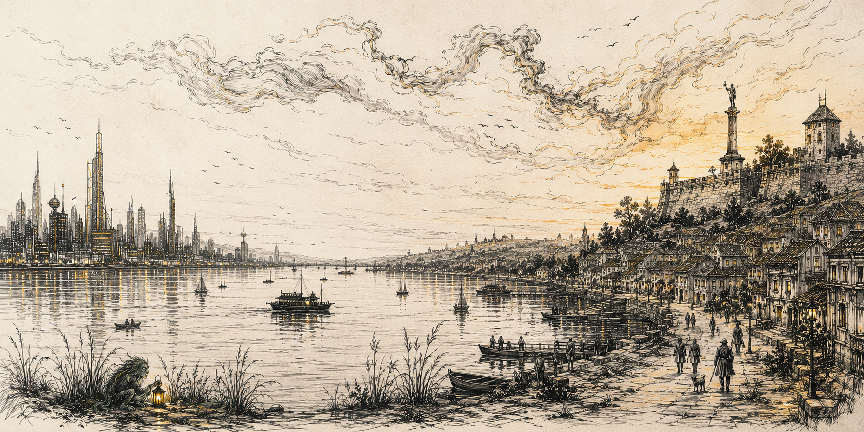 AI-generated sketch of an imagined riverside between two fictional cities, and the creatures dwelling between them.